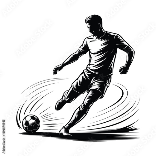 Dynamic silhouette of a soccer player kicking a ball