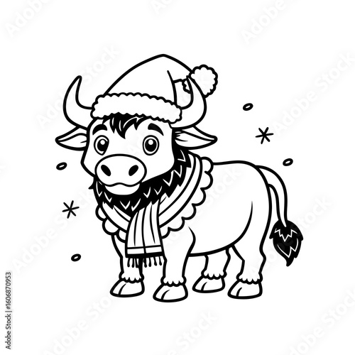 Cartoon ox wearing a Santa hat and scarf, surrounded by snowflakes, in a black and white illustration.