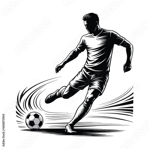 Dynamic black and white illustration of a soccer player kicking a ball