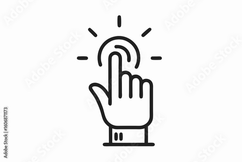 Hand pressing a button with radiating lines indicating interaction