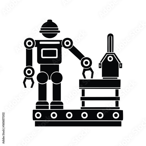 Monochrome illustration of a retro style robot on a conveyor belt system