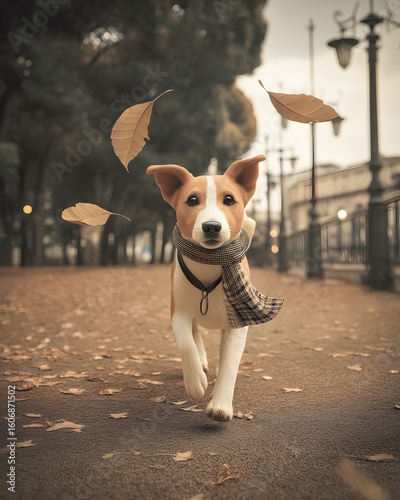 Adorable dog enjoying fall breeze and flying leaves, joyful moment of dog running through leaves