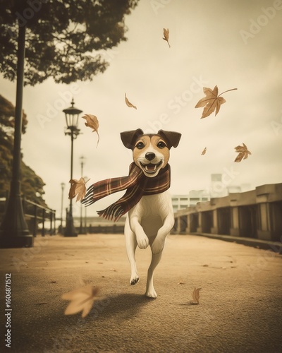 City riverwalk with concrete railing, decorative lamps, and running dog in scarf under cloudy sky