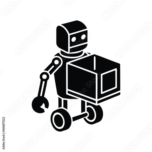 Isometric black silhouette of a robot carrying a box on wheels