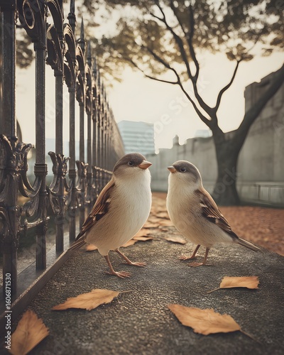 City sidewalk with decorative iron fence and sparrows surrounded by autumn leaves and architectural elements