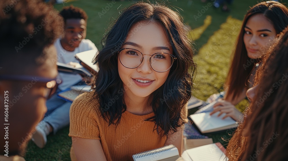 Campus life diverse students studying together outdoor Asian female glasses wavy hair genuine smile multicultural group golden hour lighting natural Campus life diverse students studying together outdoor Asian female glasses wavy hair genuine smile multicultural group golden hour lighting natural