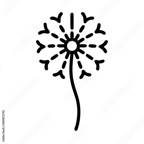 Line art drawing of dandelion, black and white, flower symbol