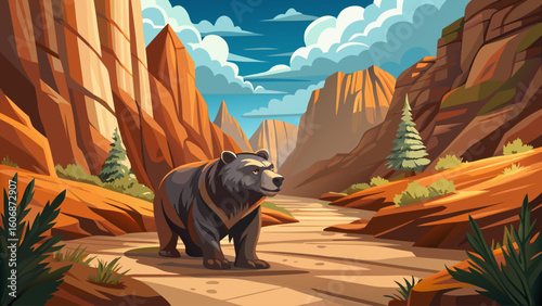 A short-faced bear walks through a dry mountain pass, its massive size evident against the barren rocky trail