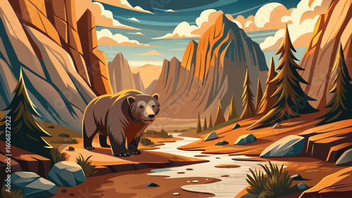 A short-faced bear walks through a dry mountain pass, its massive size evident against the barren rocky trail