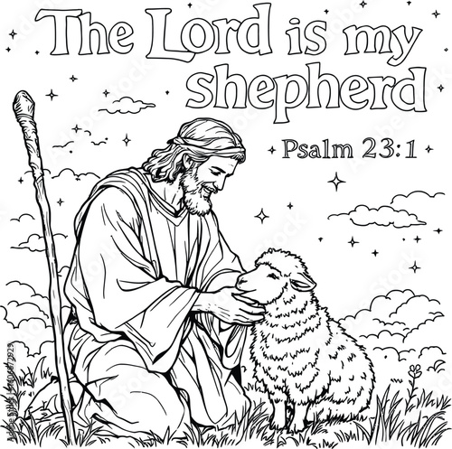The lord is my shepherd illustration with jesus and a sheep in a field with psalm twenty three one