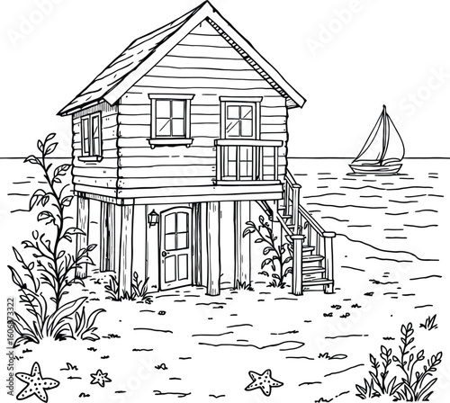 Sketch of a beach house on stilts with a sailboat in the background and starfish on the beach front