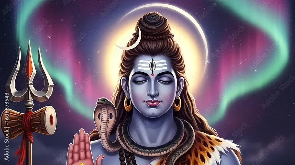 A divine digital illustration of the Hindu god Shiva in serene meditation, holding his trishula, with a cosmic aurora borealis background symbolizing spiritual energy and tranquility. A divine digital illustration of the Hindu god Shiva in serene meditation, holding his trishula, with a cosmic aurora borealis background symbolizing spiritual energy and tranquility.