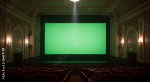 Interior view of a vintage movie theater with red seats and a large green screen illuminated by a spotlight.