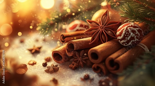Fototapeta Naklejka Na Ścianę i Meble -  Close-up of aromatic Christmas spices including cinnamon sticks, star anise, and festive decorations, creating a warm and inviting holiday atmosphere with rich textures and colors