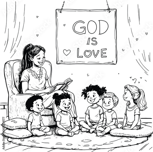A teacher reading a book to a group of children with a sign that says god is love hanging above them