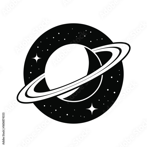 Stylized saturn with rings in a starry night sky
