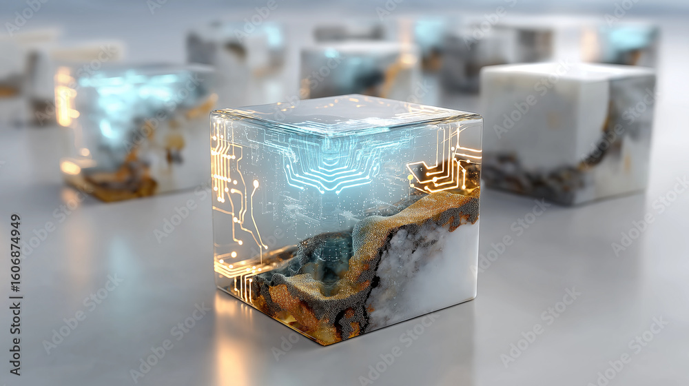 Fototapeta premium Conceptual Cubes: An abstract array of crystalline cubes, each infused with intricate, internal design elements, creating a visually stunning display of creativity and innovation. 