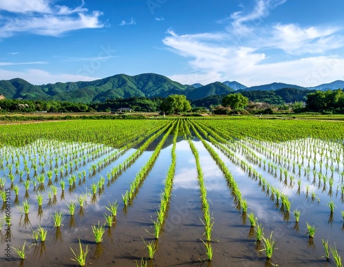 Spring Rice Paddy with New Seedlings and Reflections – Photorealistic Korean Countryside