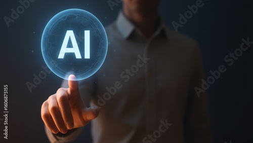 Man in shirt reaches toward glowing AI sphere in dark tech space, showing human AI interaction with Search Interface and AI Results