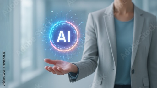 Woman in suit holding out with glowing circular AI icon in bright office showing tech aura, Search Interface, and real time AI Results