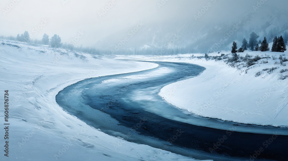 Frozen river winding through a snow-covered landscape creating a beautiful winter scene Frozen river winding through a snow-covered landscape creating a beautiful winter scene