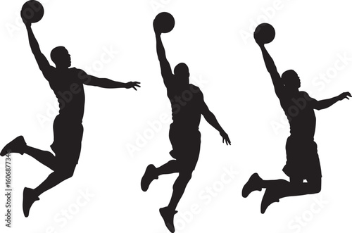 Three basketball players dunking silhouette
