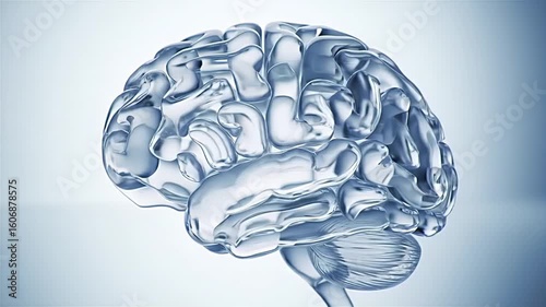 Minimalist 3d animation of abstract glass particles assembling into a human brain on a white background
