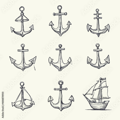 Collection of hand-drawn nautical anchors and a sailboat illustration against a neutral background.