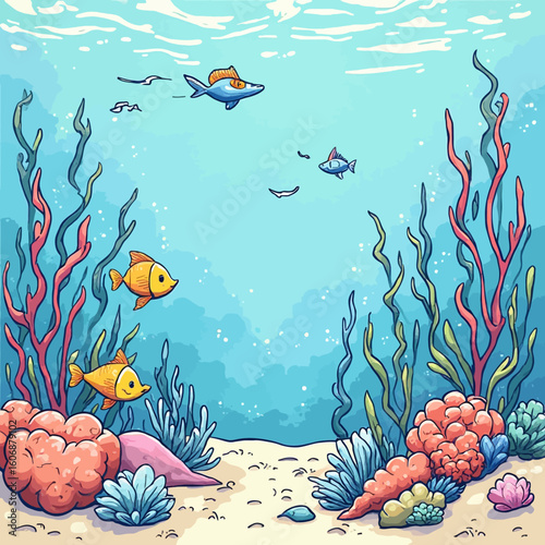 Vibrant underwater scene with colorful fish swimming amidst coral and seaweed.