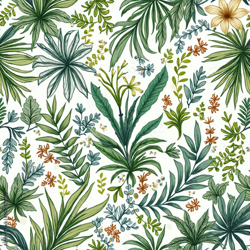 A botanical illustration featuring a dense arrangement of various green leaves and small flowers on a white background.