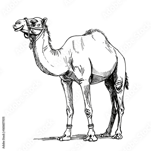 engraving camel — vintage ink sketch doodle black and white vector illustration on white background