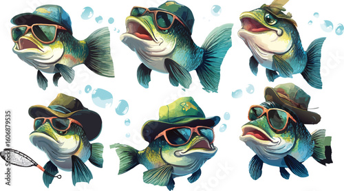 Cartoon Fish Wearing Hats and Sunglasses Fishing Theme Isolated on White Background