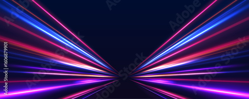 Vector speed of light in space on dark background. Neon speed in panoramic technology concept, on dark abstract background.	