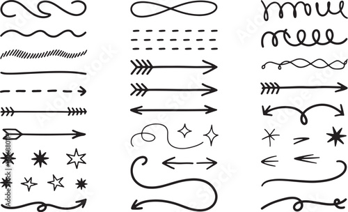 Hand drawn doodle arrows borders dividers and decorative elements black line art vector illustration set for design