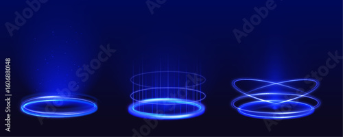 A glowing vertical portal with bright blue energy beams and neon rings creates a sci-fi teleportation effect. Ideal for gaming or futuristic UI. Realistic digital aura on black background.	