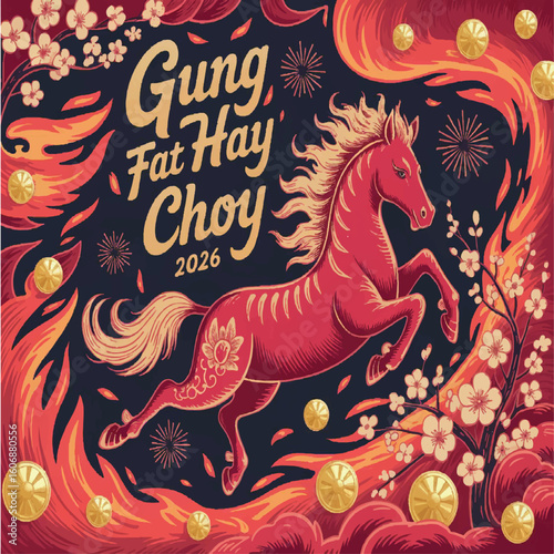 horse, red, animal, 2026, illustration, drawing, vector, design, celebration, happy, chinese, japan, zodiac, holiday, year of the horse, japanese, banner, new year, holidays, card, background, graphic