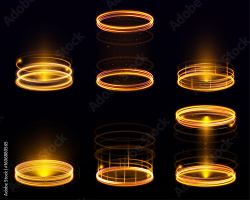 A realistic light effect podium with a holographic glow is centered on a black backdrop. Designed for product display or sci-fi teleportation themes. Clean and minimal futuristic style.	