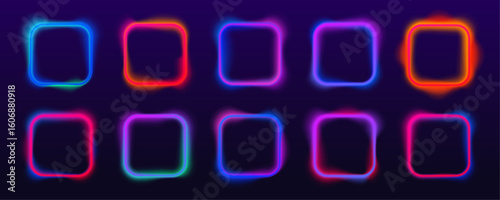 A set of four square neon frames with shining effects, highlights and inscriptions on a dark background. Geometric fluorescent outline. Banner template with text.