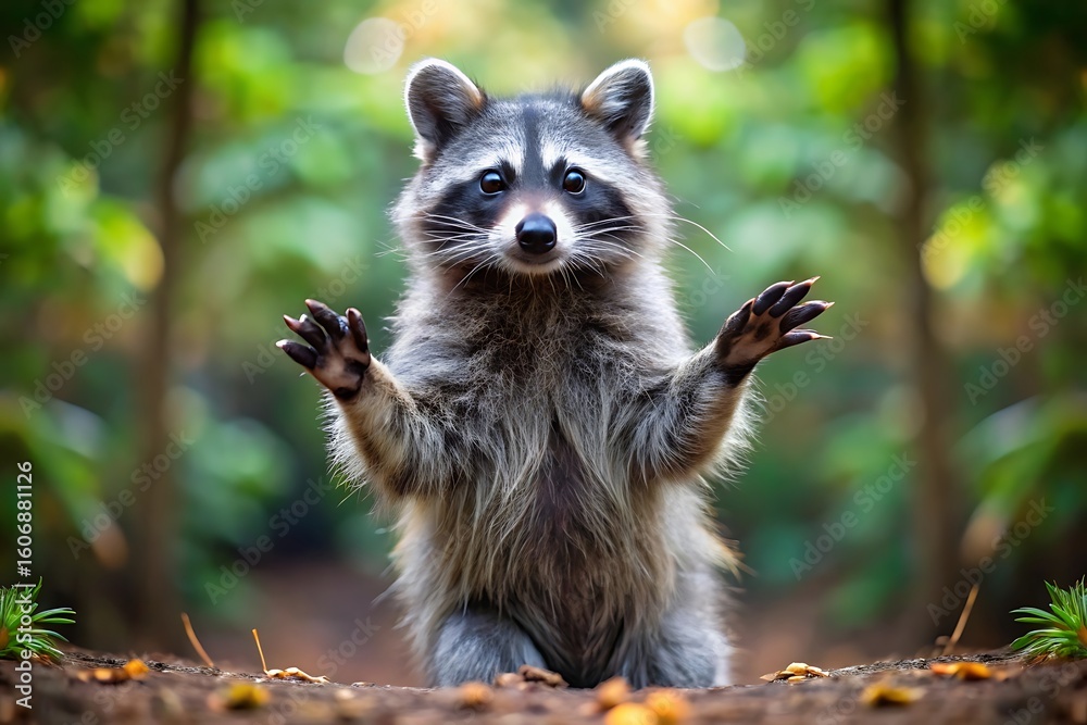 Obraz premium A cute raccoon stands on its hind legs in the forest