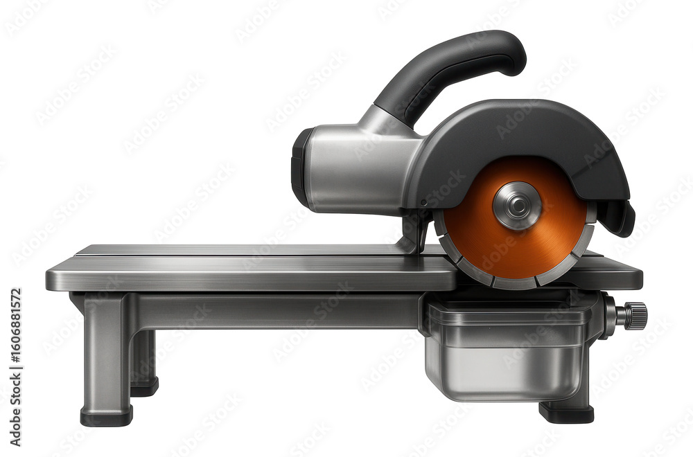 Fototapeta premium Electric tile saw with a water reservoir for cooling the blade during continuous cuts in a professional workshop.