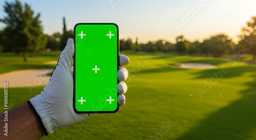 A hand in a golf glove holds a smartphone with a green screen, against a golf course background.