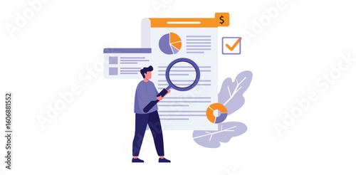 Man inspecting financial report with magnifying glass vector illustration representing audit analysis data review budget research statistics or business evaluation
