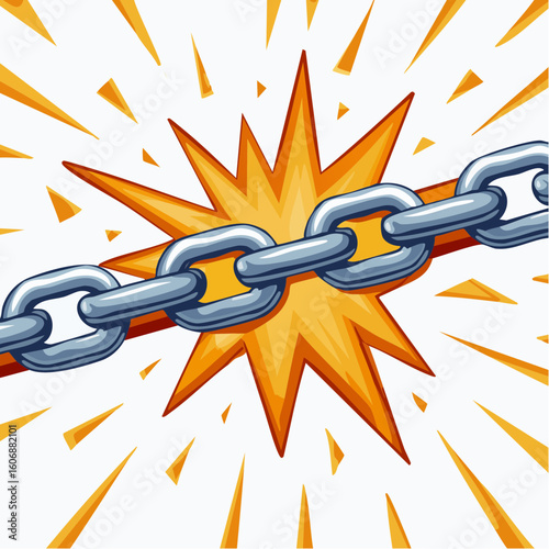 Breaking the Chain: An illustrated depiction of a robust chain snapping, symbolizing liberation, breaking barriers, or overcoming obstacles. A strong visual representation of freedom and progress.