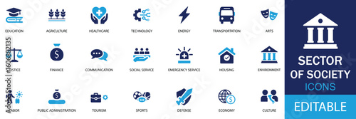 Sector of society icon set. Including education, agriculture, healthcare, energy, technology, transportation, arts, justice, finance, communication, housing, and more.  Solid vector icons collection.