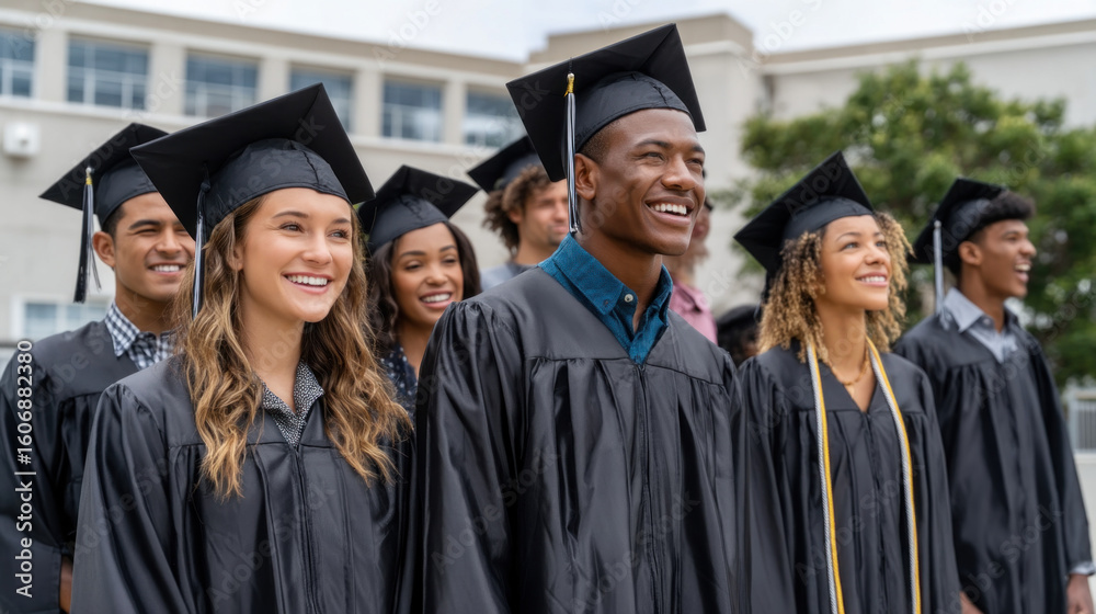 Graduates wearing black cap and gown smiling outdoors during ceremony, celebrating achievement and success with joy and pride Graduates wearing black cap and gown smiling outdoors during ceremony, celebrating achievement and success with joy and pride