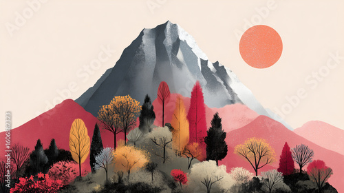 Stylized mountain landscape with colorful autumn trees and large orange sun, featuring dramatic rocky peak and vibrant seasonal vegetation creating warm, peaceful atmosphere