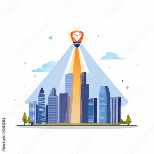City Skyline: The Cityscape is bathed in the bright glow of a light bulb rising above the buildings. This illustration creates an impression of a modern metropolis.