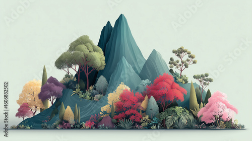 Stylized mountain landscape with colorful seasonal vegetation including red, pink, yellow, and green trees, lush foliage, and sharp rocky peaks creating vibrant natural scene