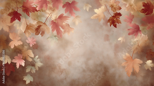Autumn leaves in warm tones of red, orange, and beige gently frame soft, textured background, evoking cozy and peaceful fall atmosphere