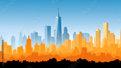 City skyline with tall buildings in blue and orange gradient under clear sky, creating vibrant and dynamic urban atmosphere